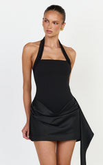 Coralie Mini Dress - Contrast Drape Skirt Halter Dress in Black
