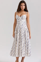 Cream Stretch Cotton Floral Print Midi Sundress