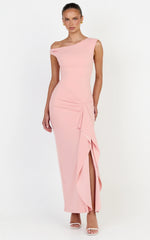 Alba Maxi Dress - Off Shoulder Waterfall Sash Dress in Pink