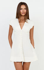 Tallulah Mini Dress - Linen V Neck A Line Dress in White