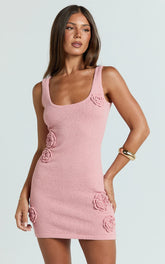 Elodie Mini Dress - Scoop Neck 3D Floral Knit Dress in Pale Pink