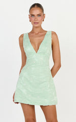 Lima Mini Dress - Plunge Neck Floral Embellished A Line Dress in Sage