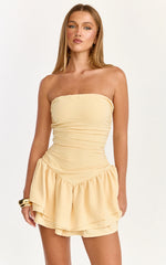 Millie Mini Dress - Strapless Gathered Frill Layered Fit And Flare Dress in Lemon