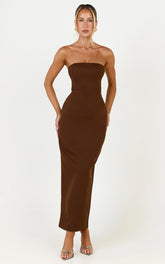 Dessa Midi Dress - Strapless Column Dress in Chocolate