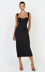 Kenna Midi Dress - Gathered Bust Tucked Waist Dress in Black