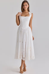 White Floral Broderie Anglaise Cotton Midi Dress