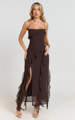 Connie Midi Dress - Ruffle Detail Dress in Chocolate