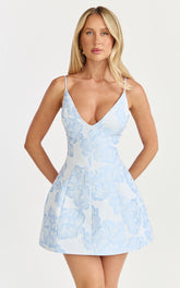 Gianni Mini Dress - Plunge A Line Low Back Dress in Light Blue