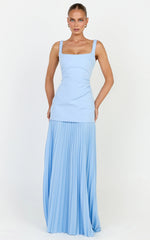 Sol Maxi Dress - Scooped Neck Contrast Pleated Dress in Light Blue
