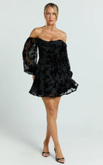 Jessell Mini Dress - Long Sleeve Cowl Corset Dress in Ebony Burnout