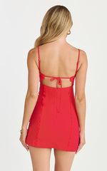 Gigi Mini Linen Blend Dress - Sweetheart Tie Back Scallop Detail Dress in Red