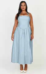 Helda Midi Dress - Halter Tie Neck Corset Panel Dress in Soft Blue