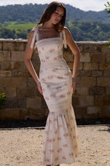 Ivory Vintage Rose Print Cotton + Lace Maxi Dress
