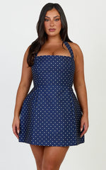 Dante Mini Dress - Halter Neck Tie Tulip Skirt Dress in Navy Polka Dot