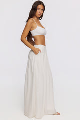 White Sateen Pleated Wide Leg Trousers