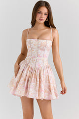 Peach Floral Print Stretch Cotton Mini Sundress