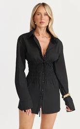Eugenia Mini Dress - Long Sleeve Smocked Shirt Mini Dress in Black