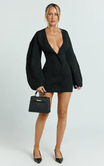 Colette Mini Dress - Wrap Front Cocoon Sleeve Button Front Knit Dress in Black