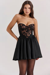 Black Lace And Satin Strapless Mini Dress