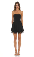 Strapless Dress with Lace-trim Hem in Black