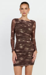 Zita Mini Dress - High Neck Long Sleeve Bodycon Mesh Dress in Chocolate Blurred Print