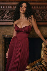 Berry Pleated Satin Maxi Dress