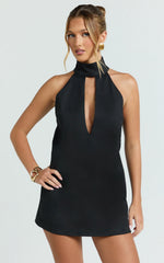 Polly Mini Dress - High Neck Keyhole Shift Dress in Black