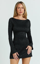 Winnie Mini Dress - Boat Neck Flute Sleeve Dress in Black