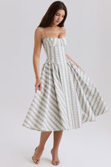 Sage Striped Floral Print Cotton Midi Dress