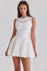 White Embroidered Cotton Lace Trim Mini Dress