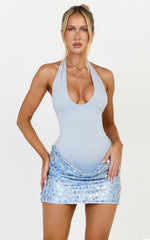 Kai Mini Dress - Sequin Cowl Waist Skirt Bodysuit Dress in Light Blue