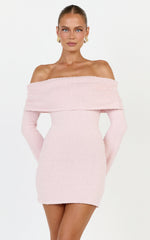 Pietra Mini Dress - Knitted Off Shoulder Dress in Pink