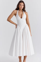 White Cotton Halter Midi Sundress