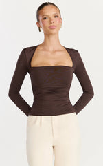 Seraphina Top - Long Sleeve Square Neck Gathered Waist Top in Chocolate