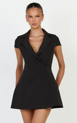 Clementine Mini Dress - Cap Sleeve Double Breasted Dress in Black