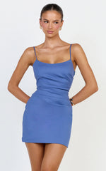 Liora Mini Dress - Low Back Scoop Neck Pintucked Dress in Steel Blue