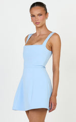 Donna Mini Dress - Square Neck Pin Tucked Waist Tulip Skirt Dress in Light Blue