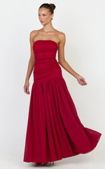 Kyra Maxi Dress - Strapless Lace Bodice Contrast Skirt Dress in Wine