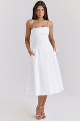 White Stretch Cotton A-line Midi Sundress