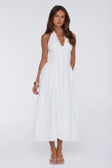 Petal Whimsy Embroidered Halter Maxi Dress White