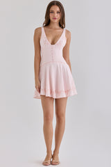 Pink Satin Custom Embroidered V-neck Mini Dress - Limited Edition