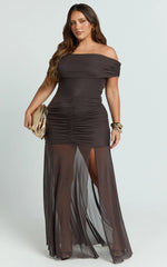 Alanna Maxi Dress - Off Shoulder Ruched Mesh Dress in Chocolate