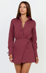 Heath Mini Dress - Collared Button Up Shirt Dress in Wine