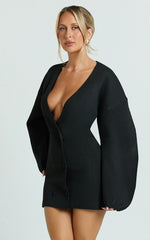Colette Mini Dress - Wrap Front Cocoon Sleeve Button Front Knit Dress in Black