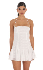 Embroidered Floral Flared Mini Dress in White