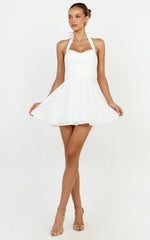 Seraphina Mini Dress - Halter Neck Clipped Jacquard Dress in White