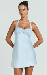 Flynn Mini Dress - Satin Halter Sweetheart Neck Dress in Blue