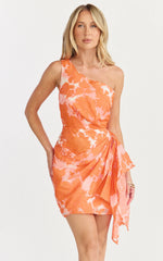 Brailey Mini Dress - One Shoulder Wrap Front Dress in Orange Jacquard