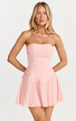 Penny Mini Dress - Strapless Corset Bodice Floral Embellished Godet Dress in Soft Pink