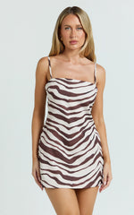 Gwendolyn Mini Dress - Zebra Shift Spaghetti Strap Dress in Choc Zebra